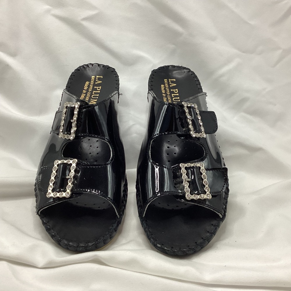 La Plume Black Patent Leather Rhinestone Buckle Slide Sandals Made in Italy 39
